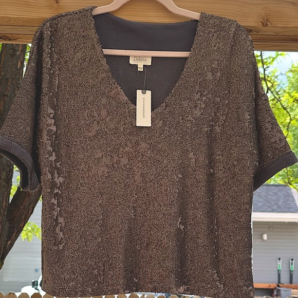 Anthropologie NWT Deletta Sequin Cropped Boxy Oversized Holidays Top Small - Picture 3 of 16